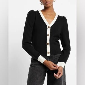 Tipped Novelty Button Puff Sleeve Cardigan